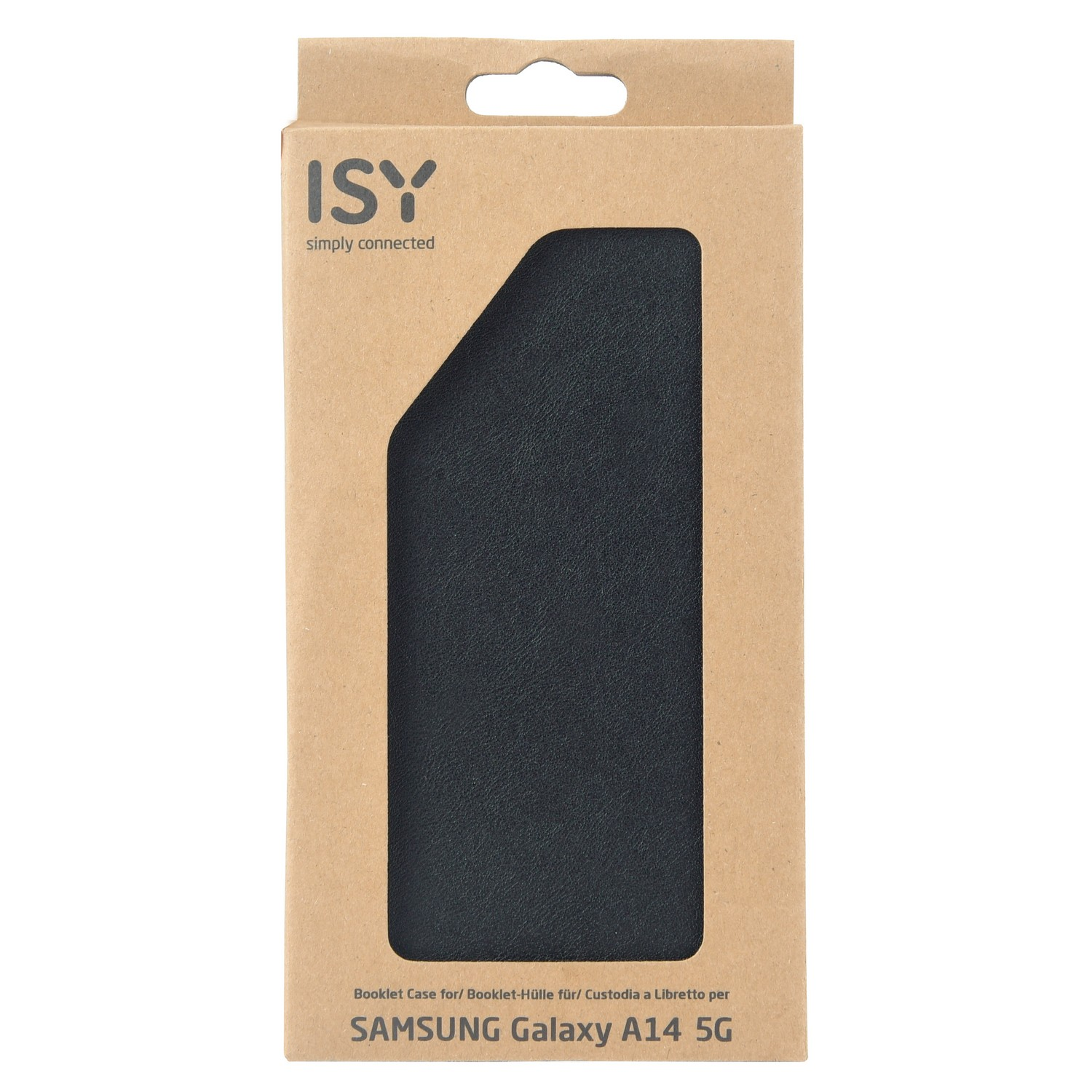 Une boîte en carton marron pour une coque de téléphone. L'étui est noir et visible à l'intérieur.