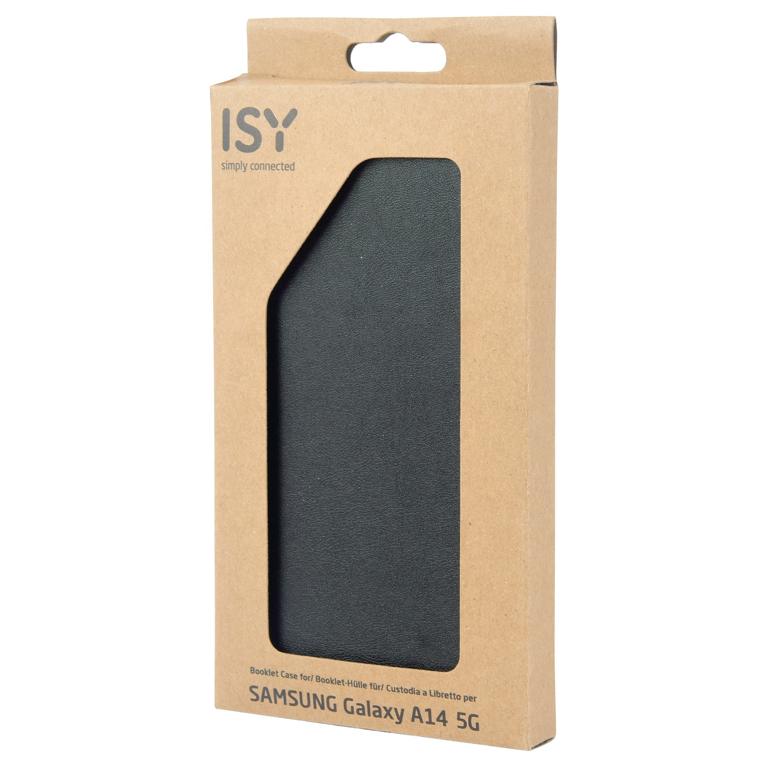 Boîte en carton avec un étui de téléphone noir visible à travers une fenêtre.