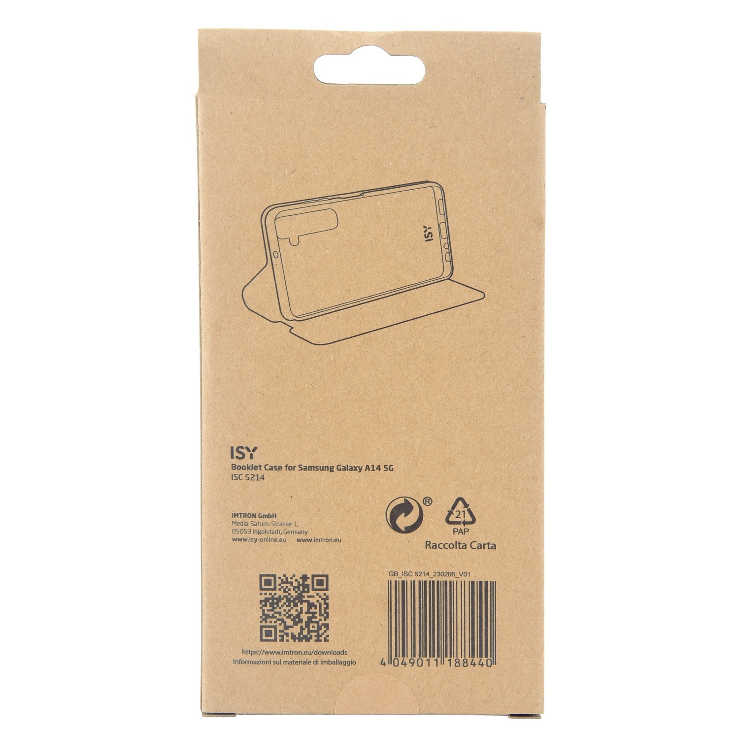 Étui à rabat ISY pour Samsung Galaxy A14 5G. Emballage de l'étui marron. Contour du téléphone visible.
