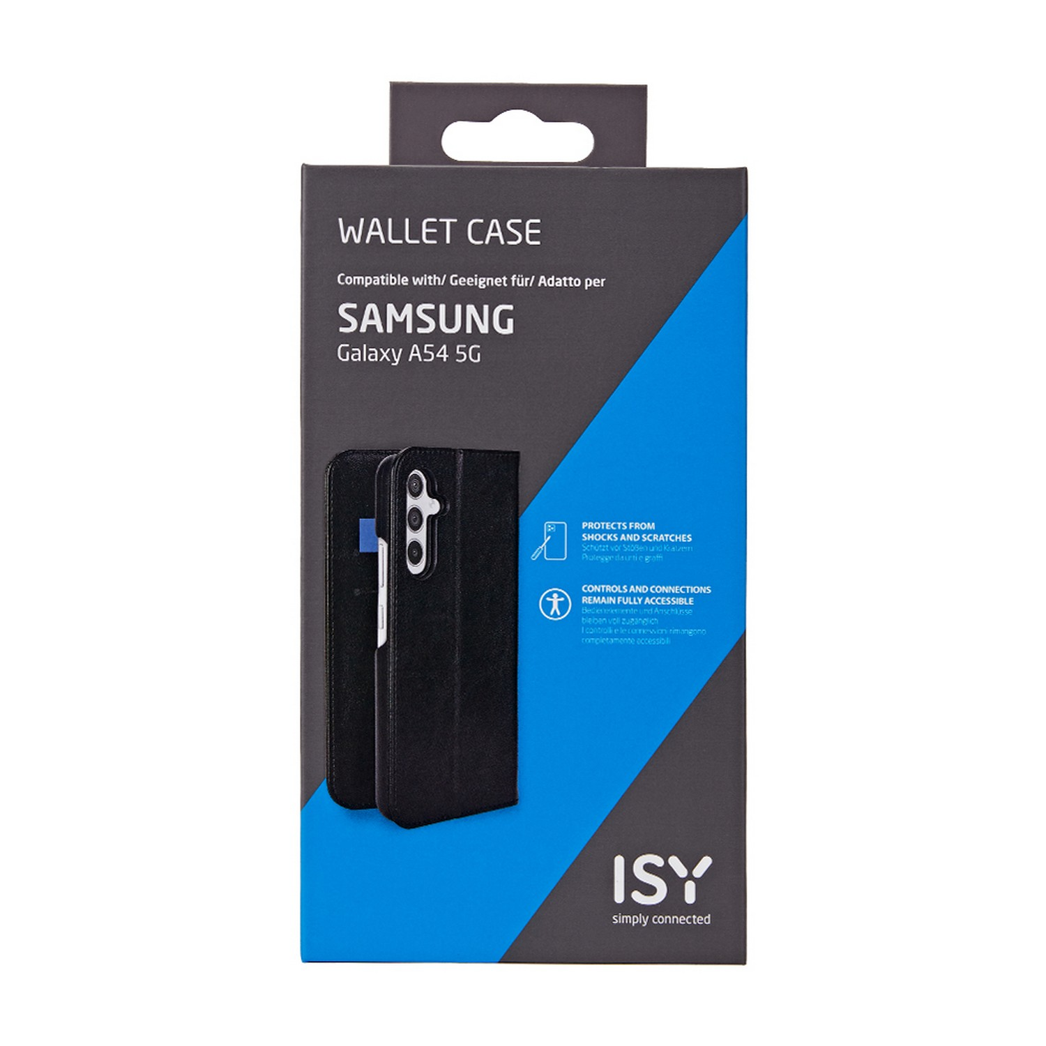 Emballage d'étui de téléphone noir. Il est indiqué Étui portefeuille pour Samsung Galaxy A54 5G.