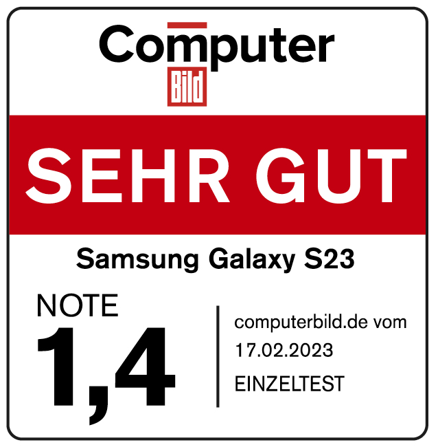 Grafik mit 'Computer Bild' Logo und 'SEHR GUT'. Samsung Galaxy S23.