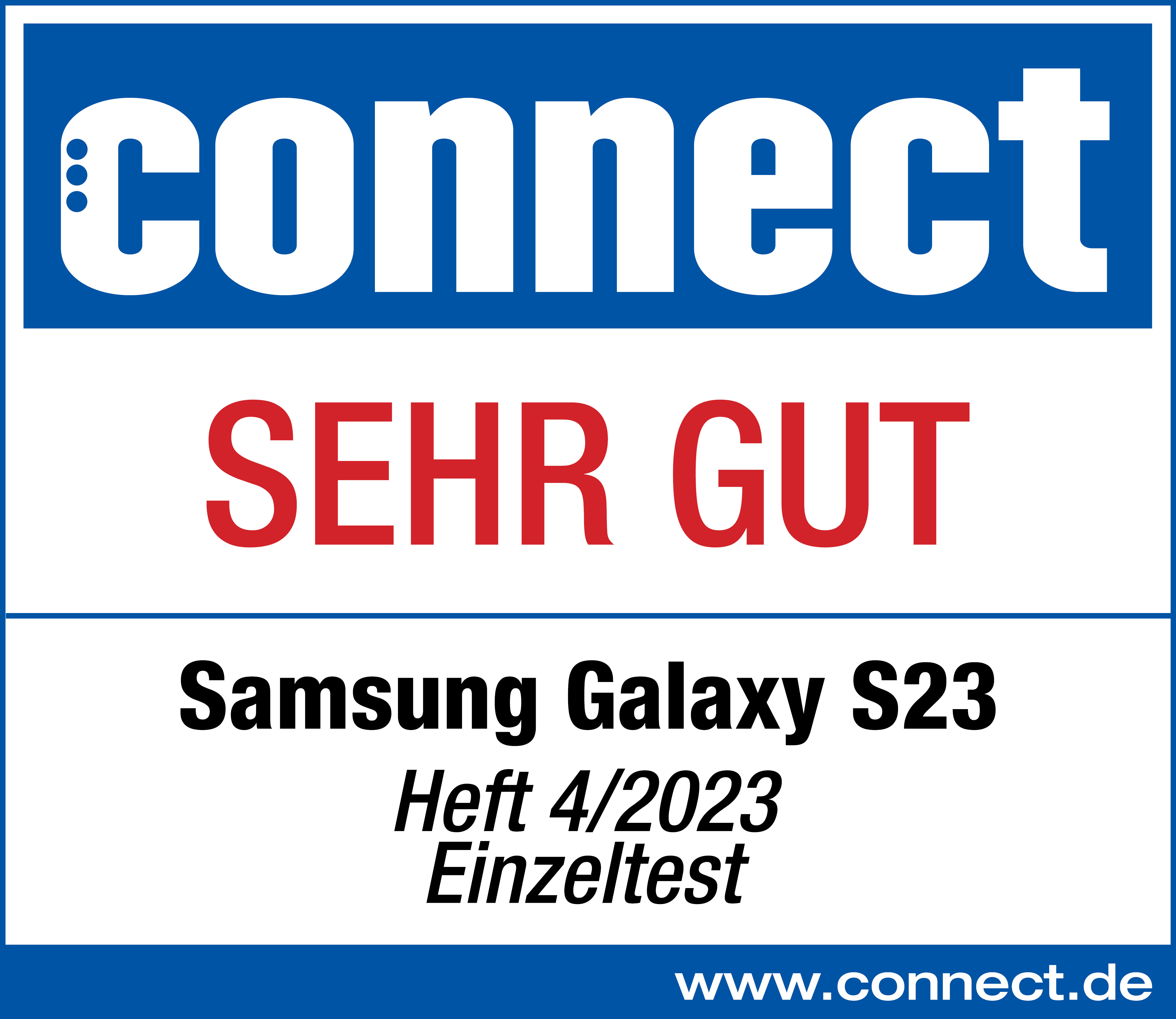 Ein weißer Hintergrund mit einer Connect-Auszeichnung. Es steht SEHR GUT (sehr gut) für ein Samsung Galaxy S23.