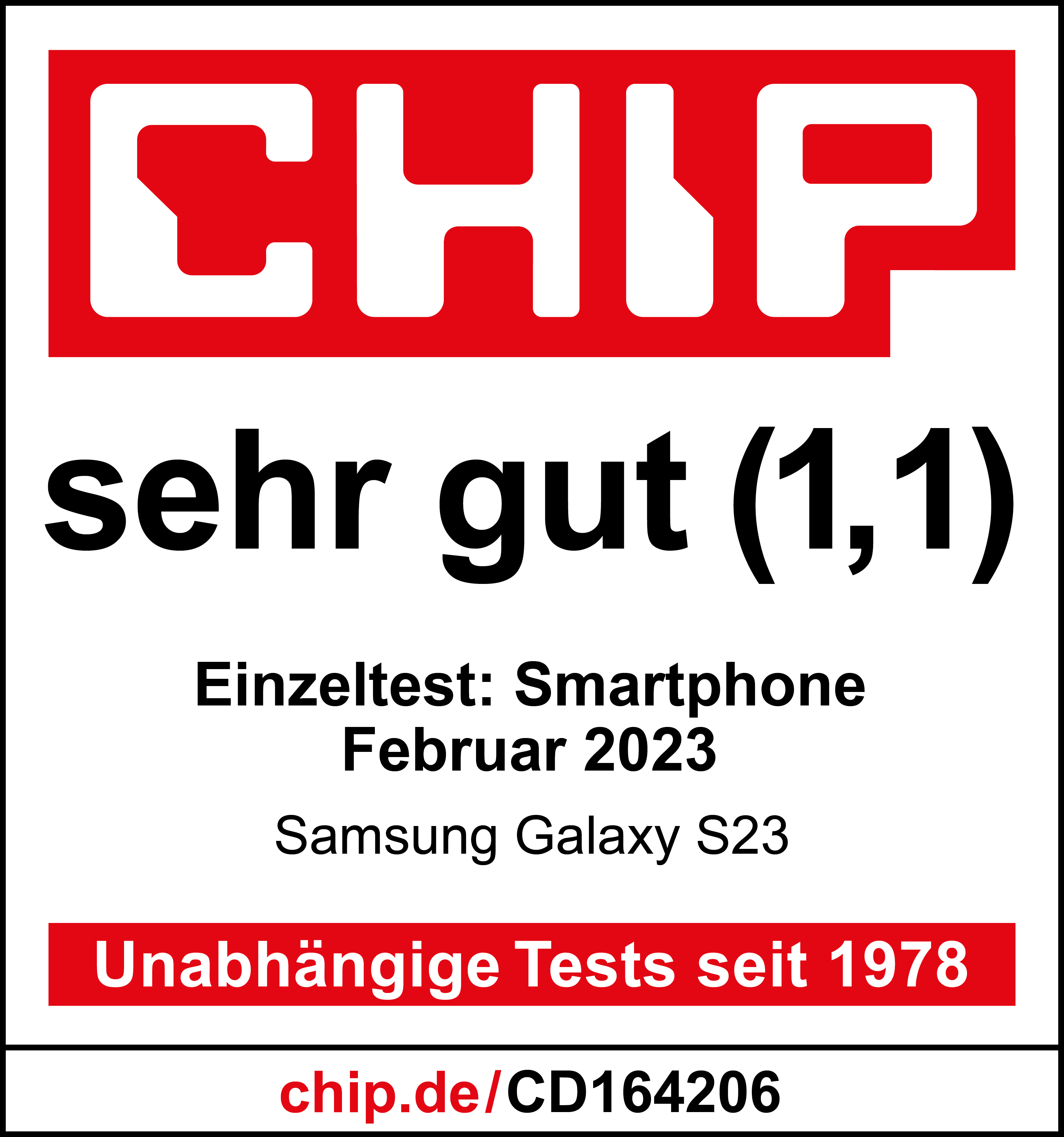 Produktbewertung mit 'CHIP'-Logo und Note 1,1, für ein Samsung Galaxy S23.