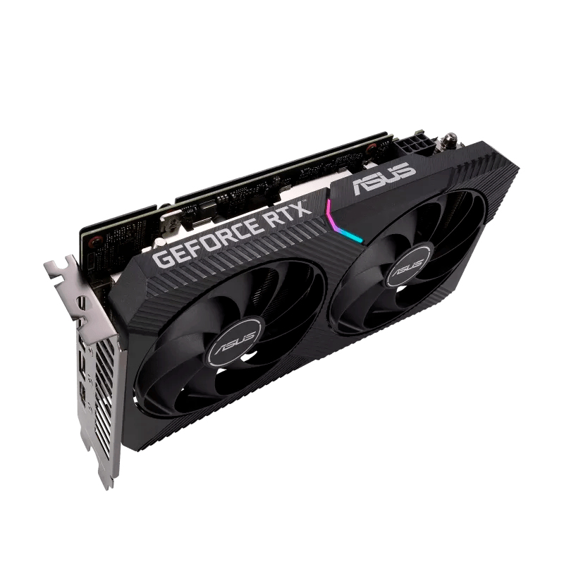 Tarjeta gráfica ASUS GeForce RTX negra y gris con dos ventiladores.