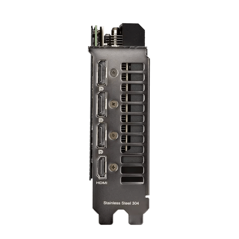 Tarjeta gráfica negra y plateada con puertos. HDMI y Acero Inoxidable 304 son visibles.