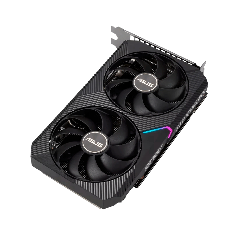 Una tarjeta gráfica negra y plateada con dos ventiladores y logotipos ASUS, sobre fondo blanco.