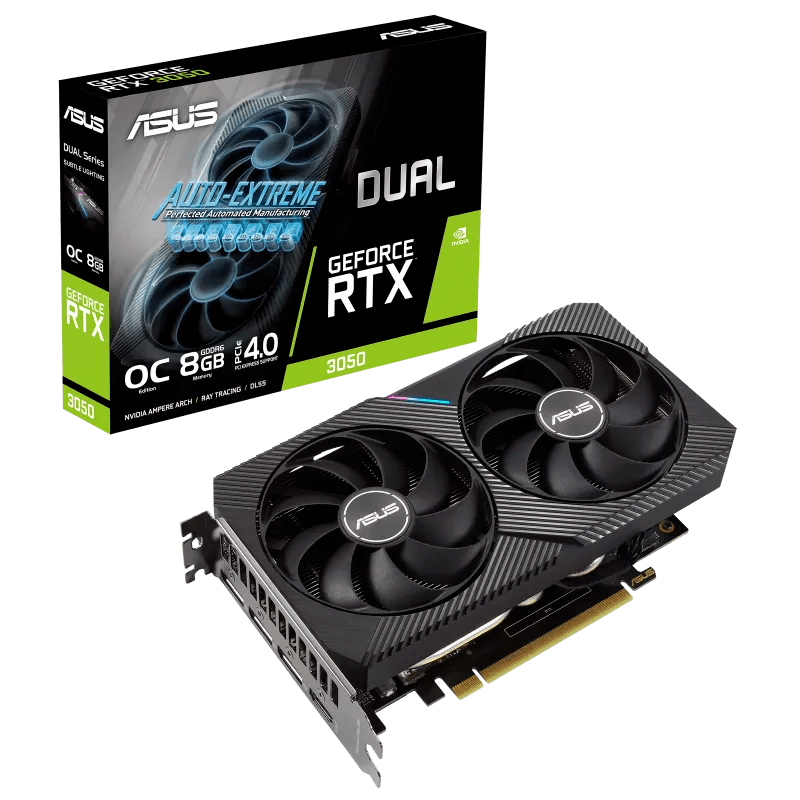 Tarjeta gráfica ASUS GeForce RTX 3050 en su caja, con dos ventiladores visibles.