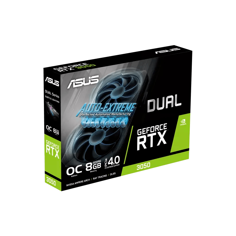 Caja de la tarjeta gráfica Asus Dual GeForce RTX 3050 con detalle del ventilador.