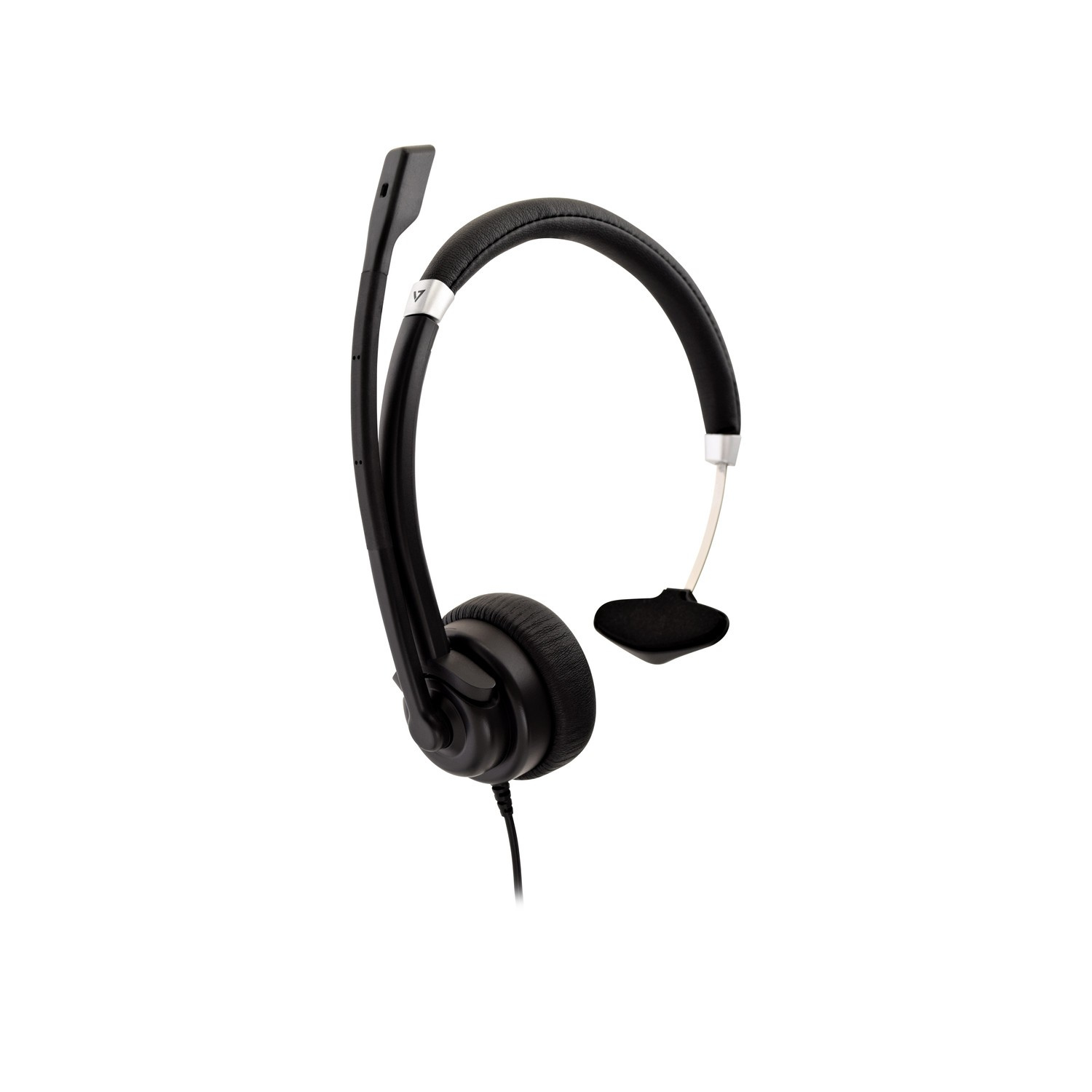 Auriculares negros con micrófono, sobre una superficie blanca.