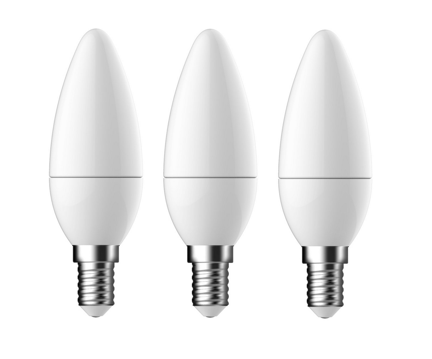 Tres bombillas blancas. Las bombillas tienen un cuerpo blanco y una base plateada. Están sobre un fondo blanco.