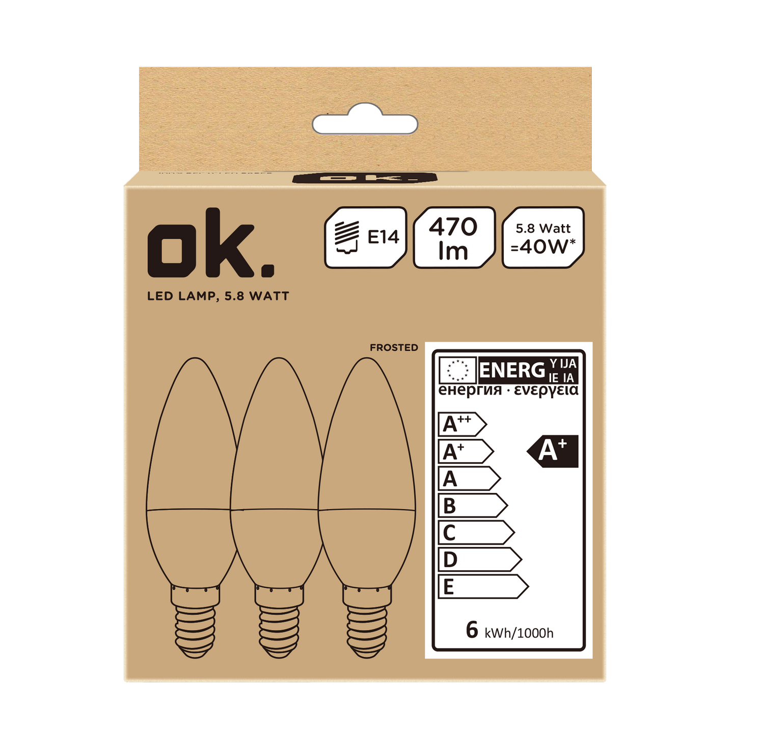 Una caja de bombillas LED, con el logo 'ok' e información de eficiencia energética.