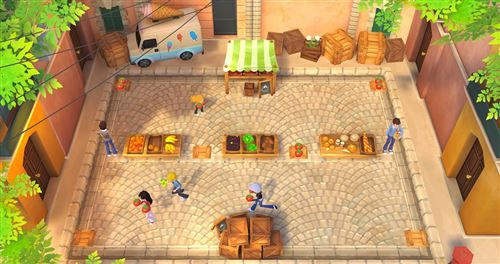 Una vista cenital de una escena callejera de dibujos animados con puestos de mercado, cajas y personajes.