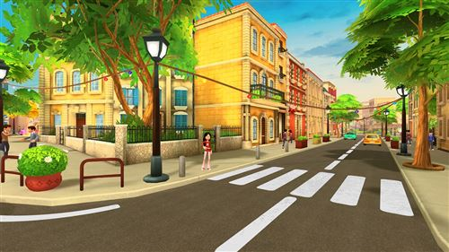 Escena de calle de la ciudad de dibujos animados. Gente caminando, edificios, árboles y un coche.