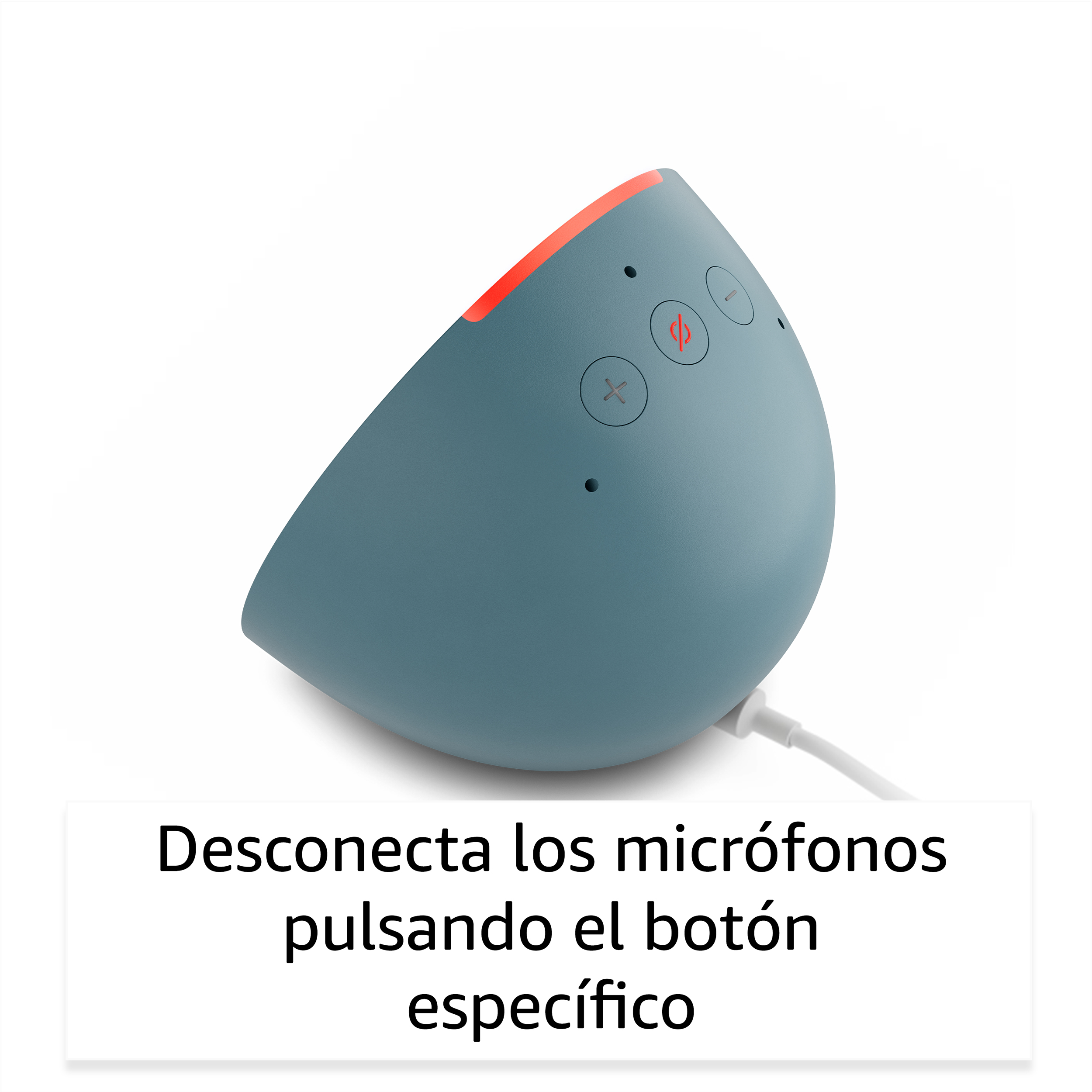 Altavoz inteligente azul con botones y cable blanco, texto en la parte frontal.
