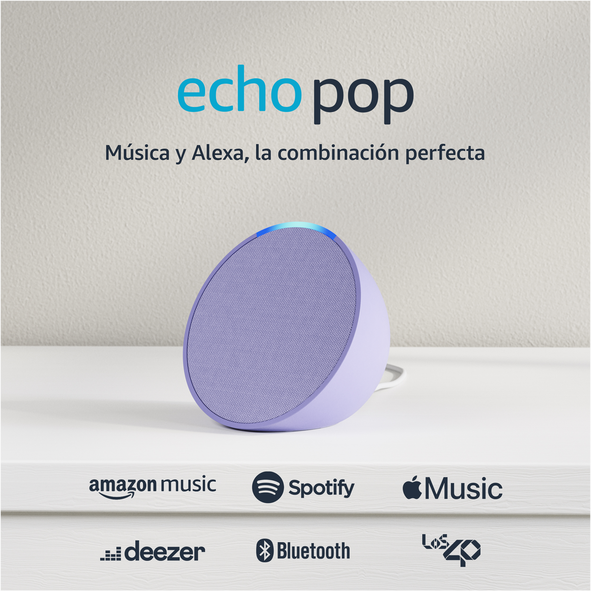 Altavoz morado con el texto 'echo pop' e iconos de servicios de música. Fondo blanco.