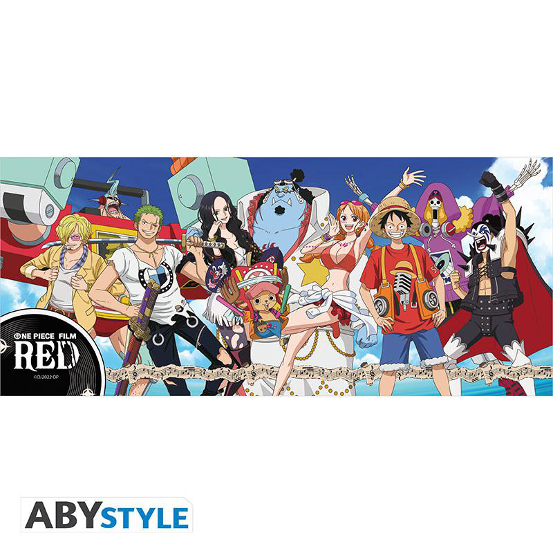 Ein One Piece Film Red-Poster mit mehreren Charakteren aus der Anime-Serie vor weißem Hintergrund.