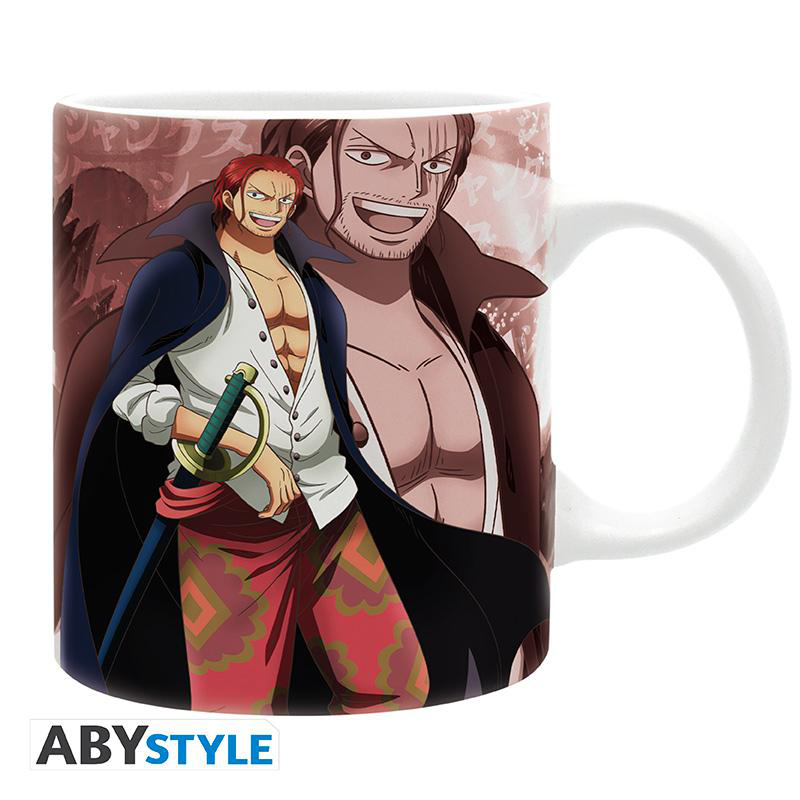 Tasse mit Shanks aus dem Anime One Piece mit zwei Figuren.