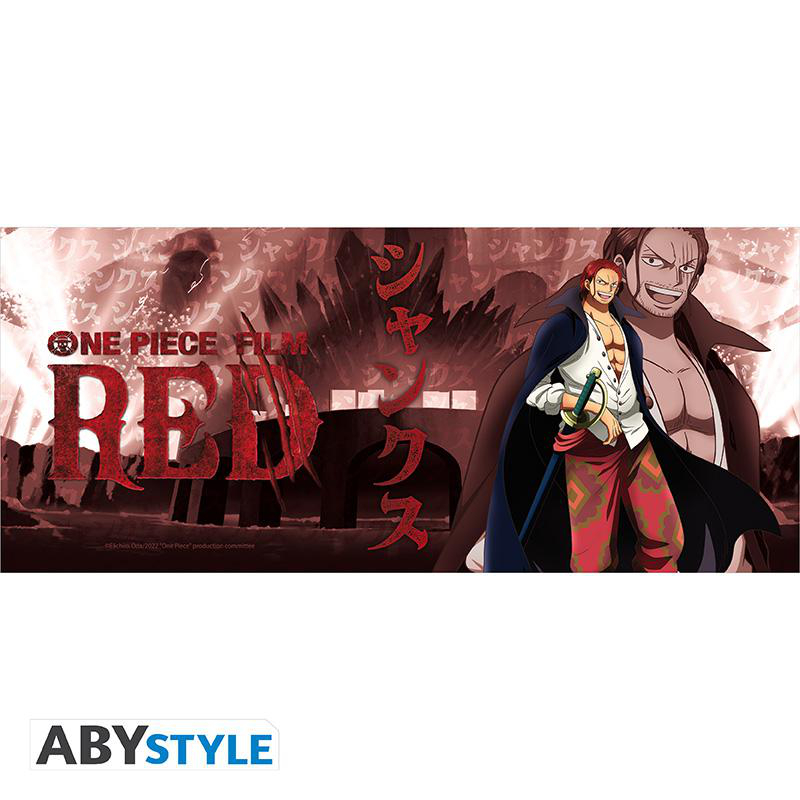 Ein langes Banner mit einem One Piece Film-Logo und einem Mann mit einem Schwert.