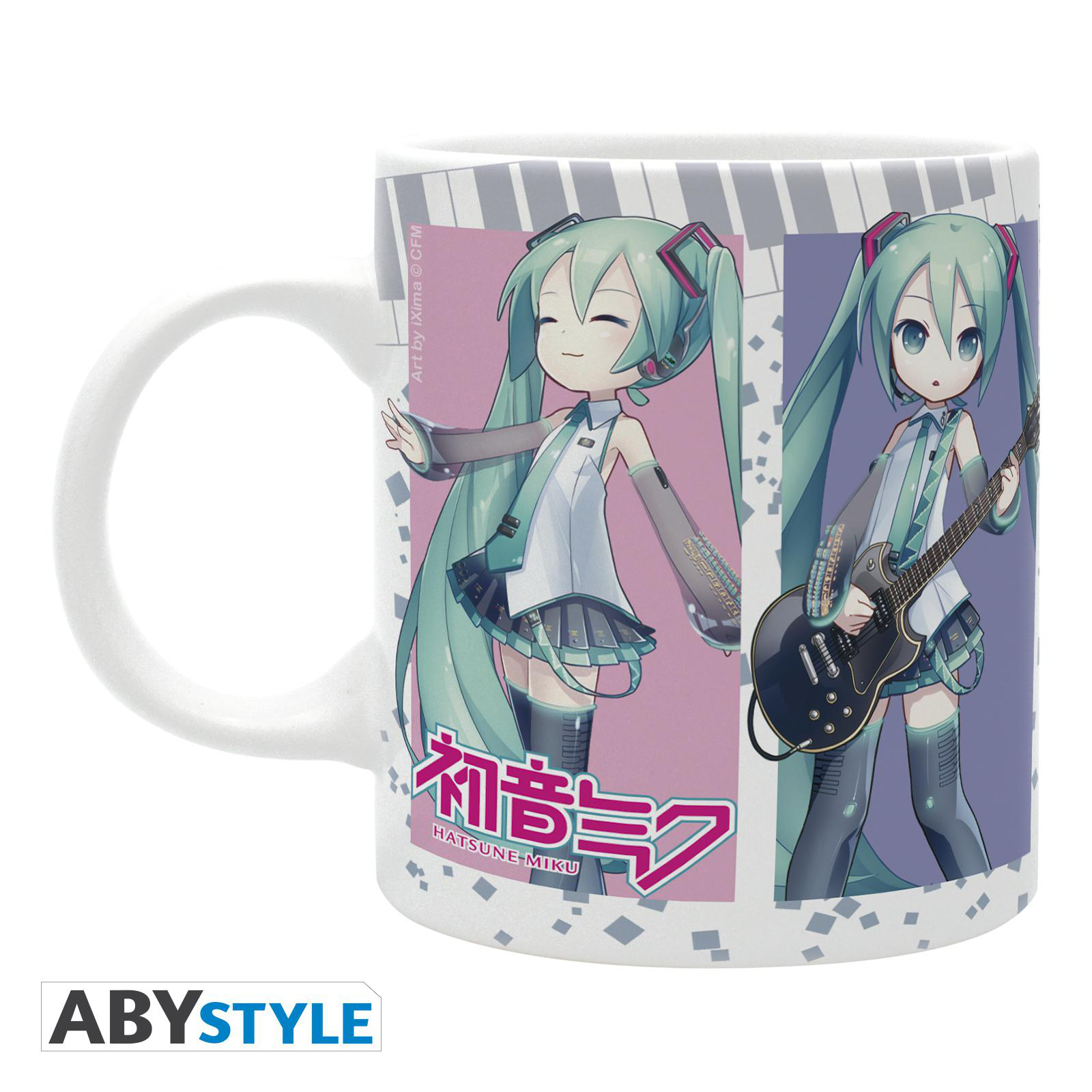 Weißer Becher mit Bildern eines Cartoon-Mädchens, eines mit einer Gitarre. Der Text darunter lautet 'Hatsune Miku'.