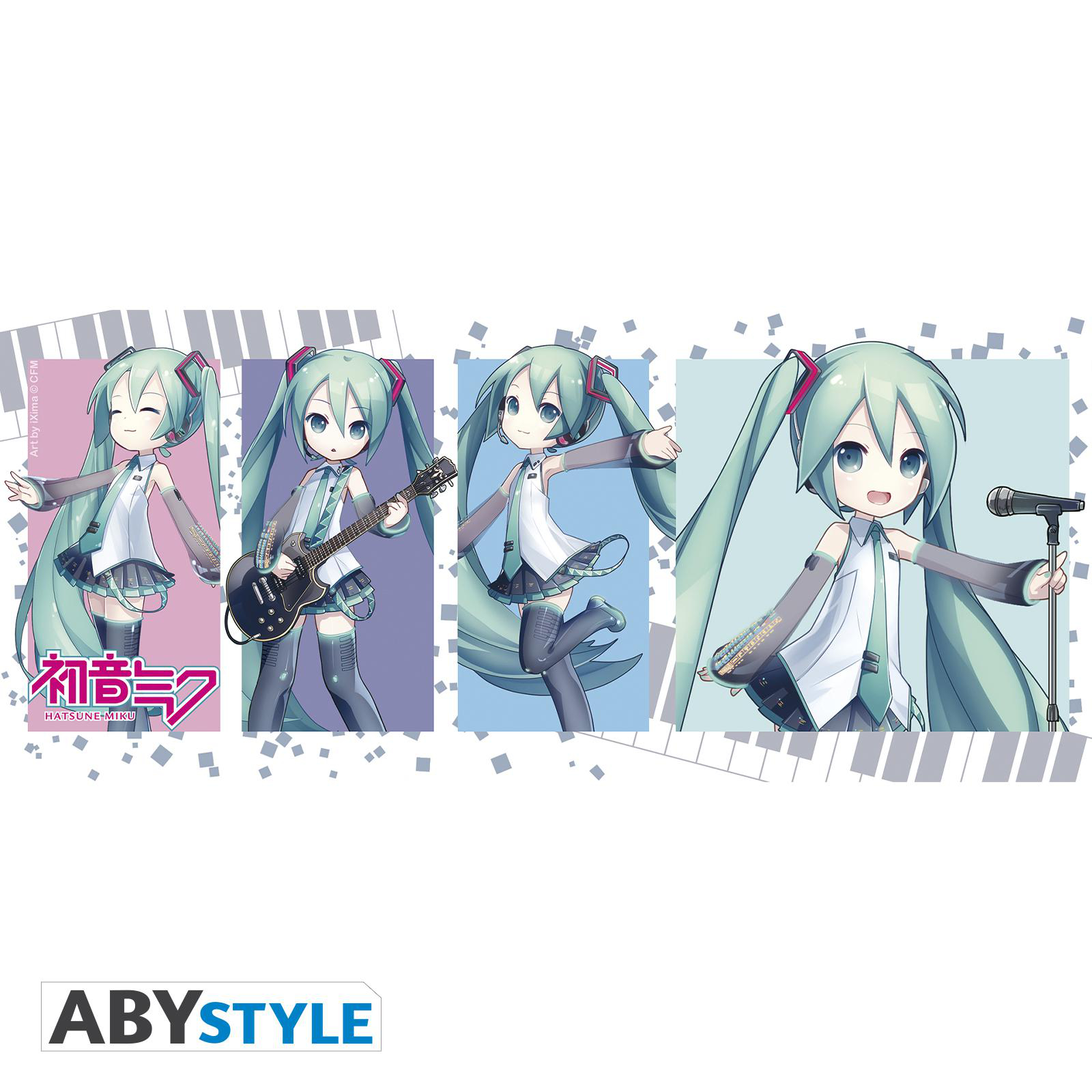 Vier Hatsune Miku-Bilder, mit Logo und Klaviertasten.