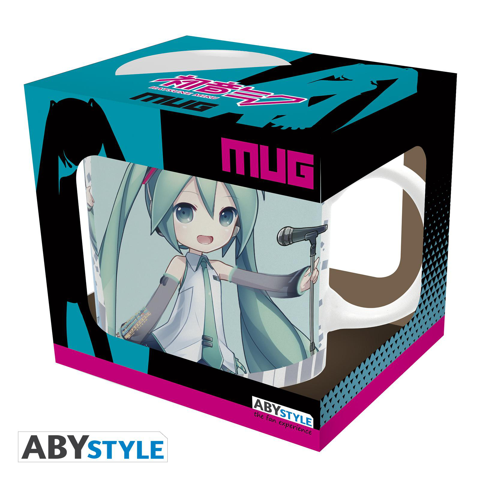 Eine Tasse in einer Box. Die Tasse hat ein Bild eines Cartoon-Mädchens mit grünen Haaren.