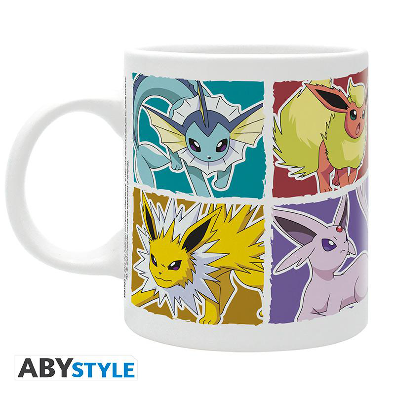 Weiße Tasse mit Pokémon-Charakteren: Vaporeon, Flareon, Jolteon und Espeon.