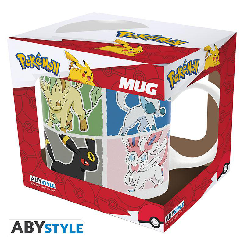 Pokemon-Tasse in einer Box mit verschiedenen Pokemon-Charakteren, darunter Pikachu und Umbreon.