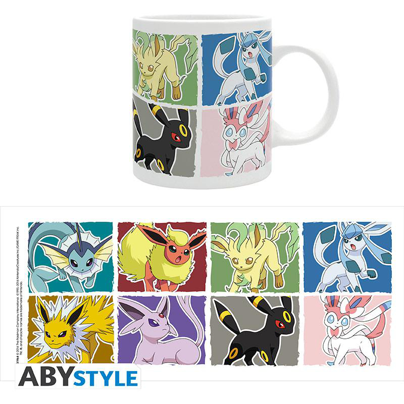 Weißer Becher mit verschiedenen Pokémon-Charakteren. Eine passende Karte ist darunter, mit dem ABYSTYLE-Logo.