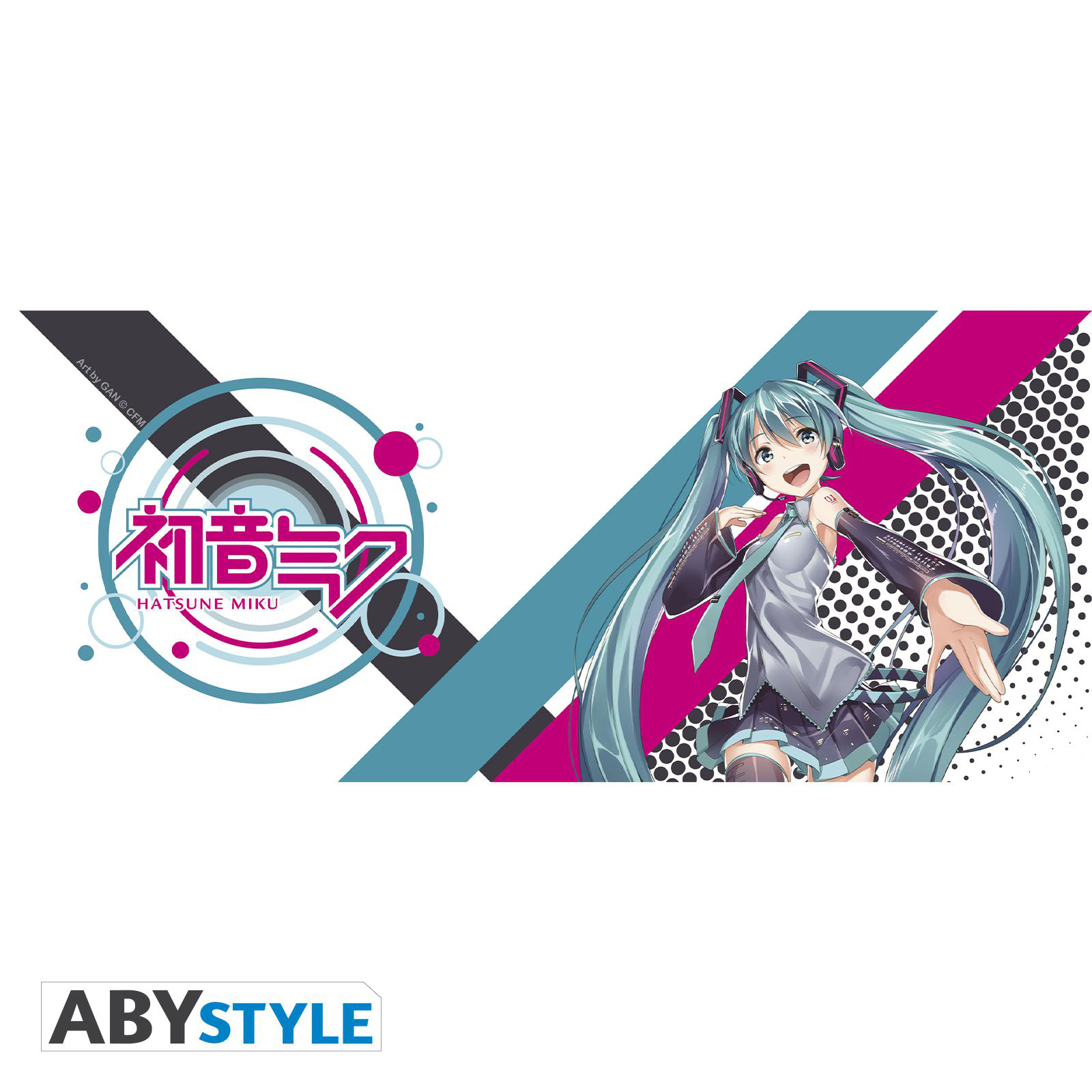 Hatsune Miku Anime-Charakterdesign auf weißem Hintergrund mit rosa und blauen Akzenten.