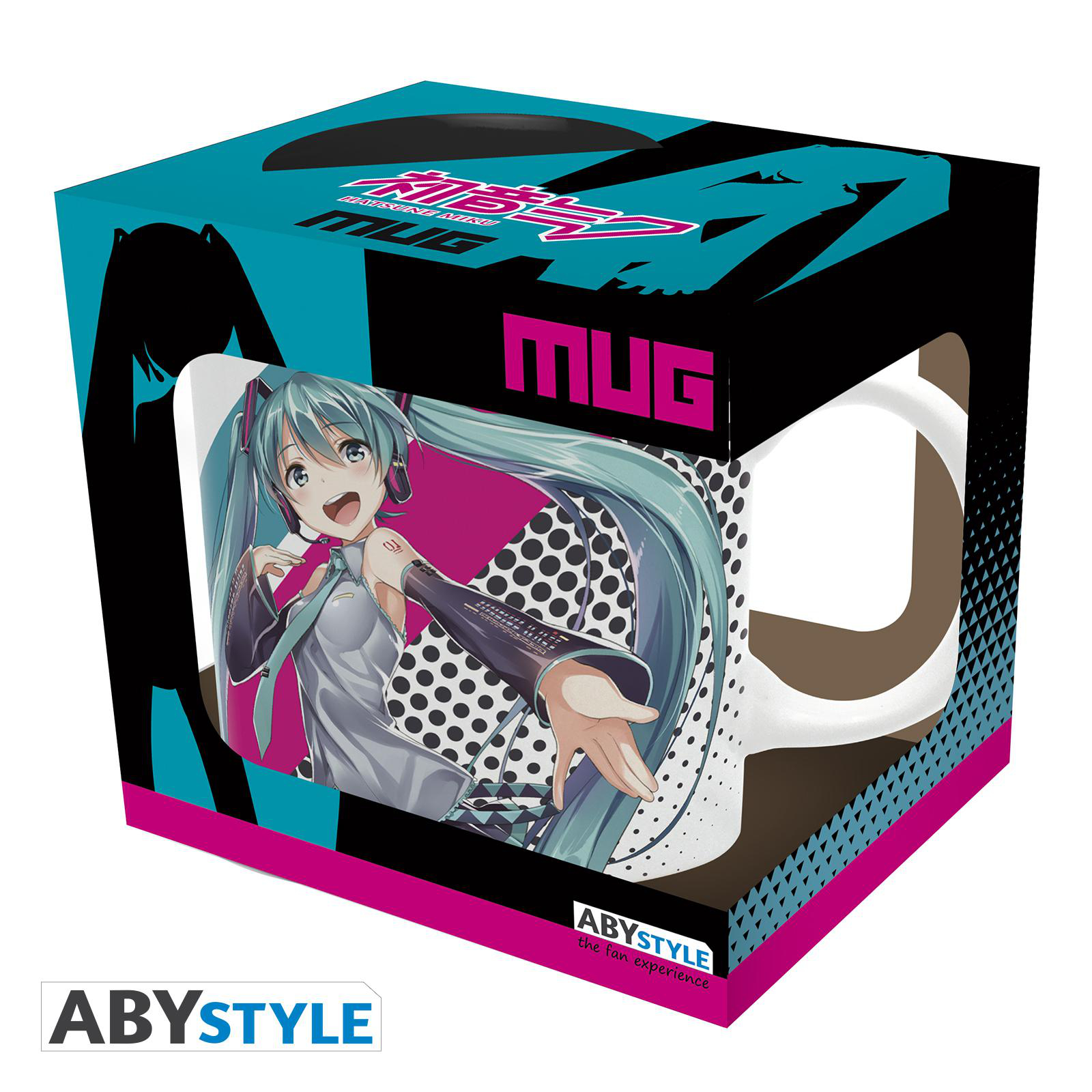 Eine Tasse mit Anime-Charakter-Design in einer Box mit dem ABYSTYLE-Logo.