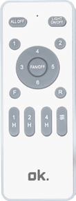 Un control remoto blanco con botones numerados y teclas de función.