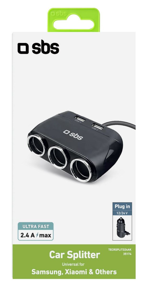 Czarny rozdzielacz samochodowy z 3 gniazdami i portami USB. Białe pudełko z wtyczką.