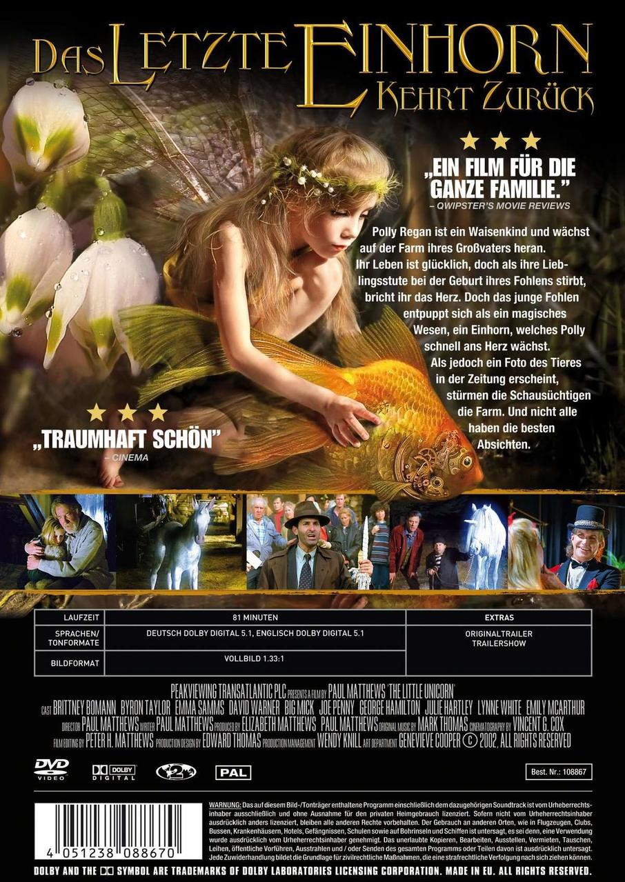 DVD-Cover von 'Das letzte Einhorn kehrt zurück'. Mädchen mit Fisch, Filmplakat.