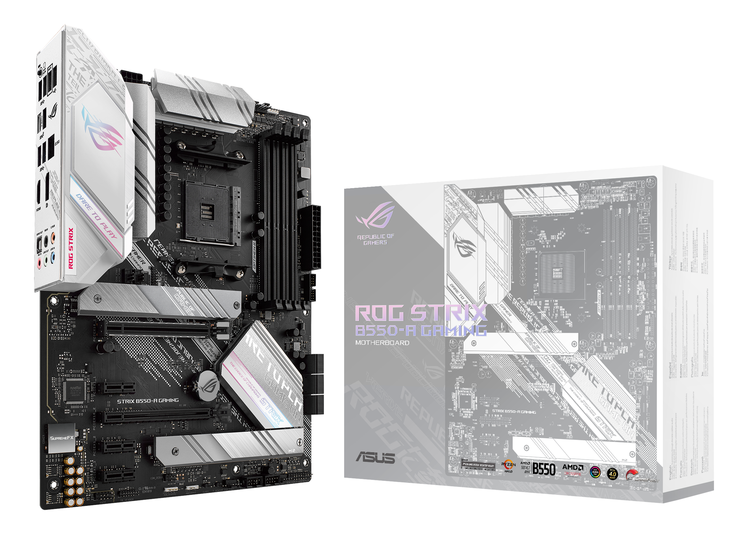 Motherboard und seine Box auf schwarzem Hintergrund. ROG STRIX auf dem Motherboard.