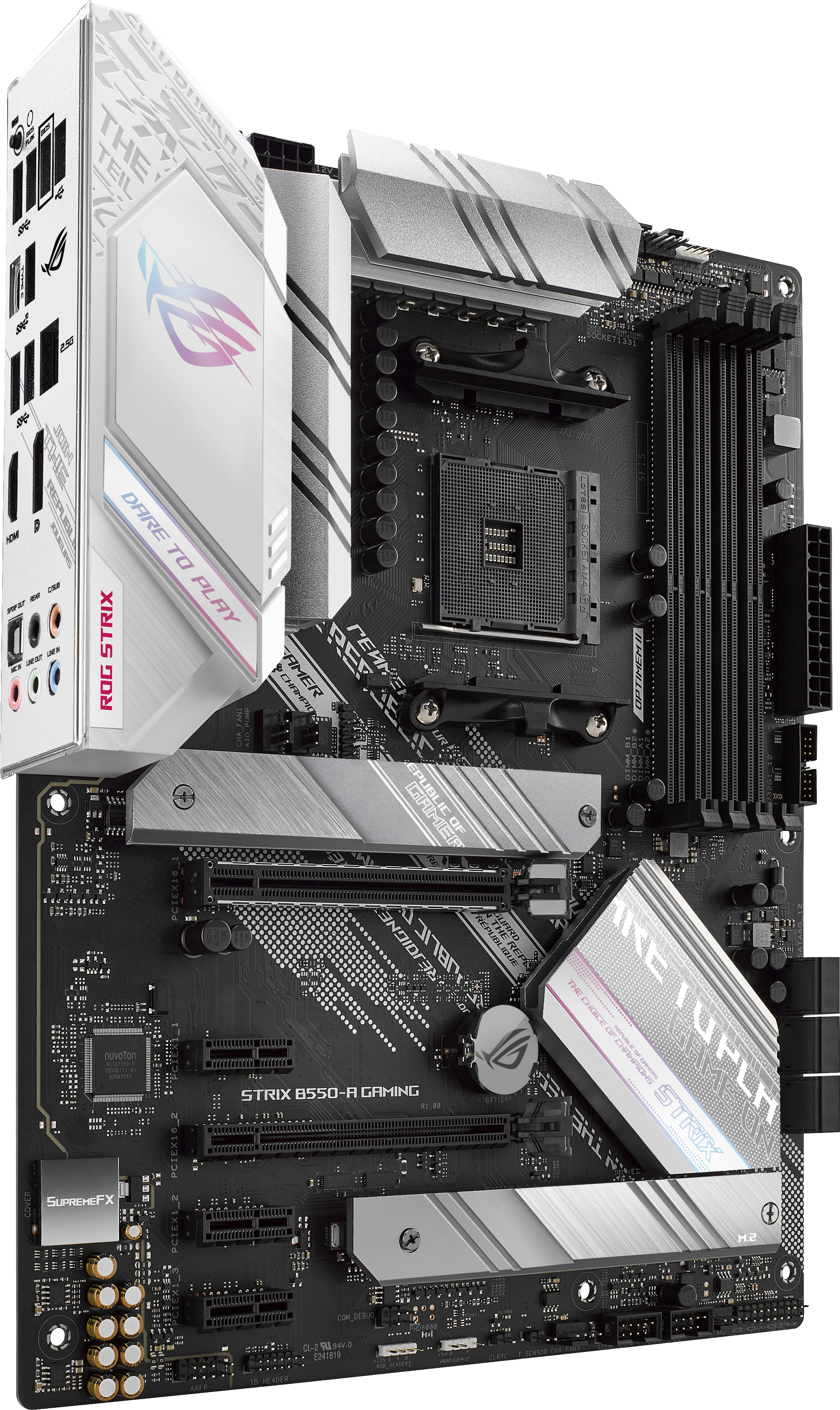 Motherboard mit Komponenten, weiß und schwarz, teilweise sichtbar.