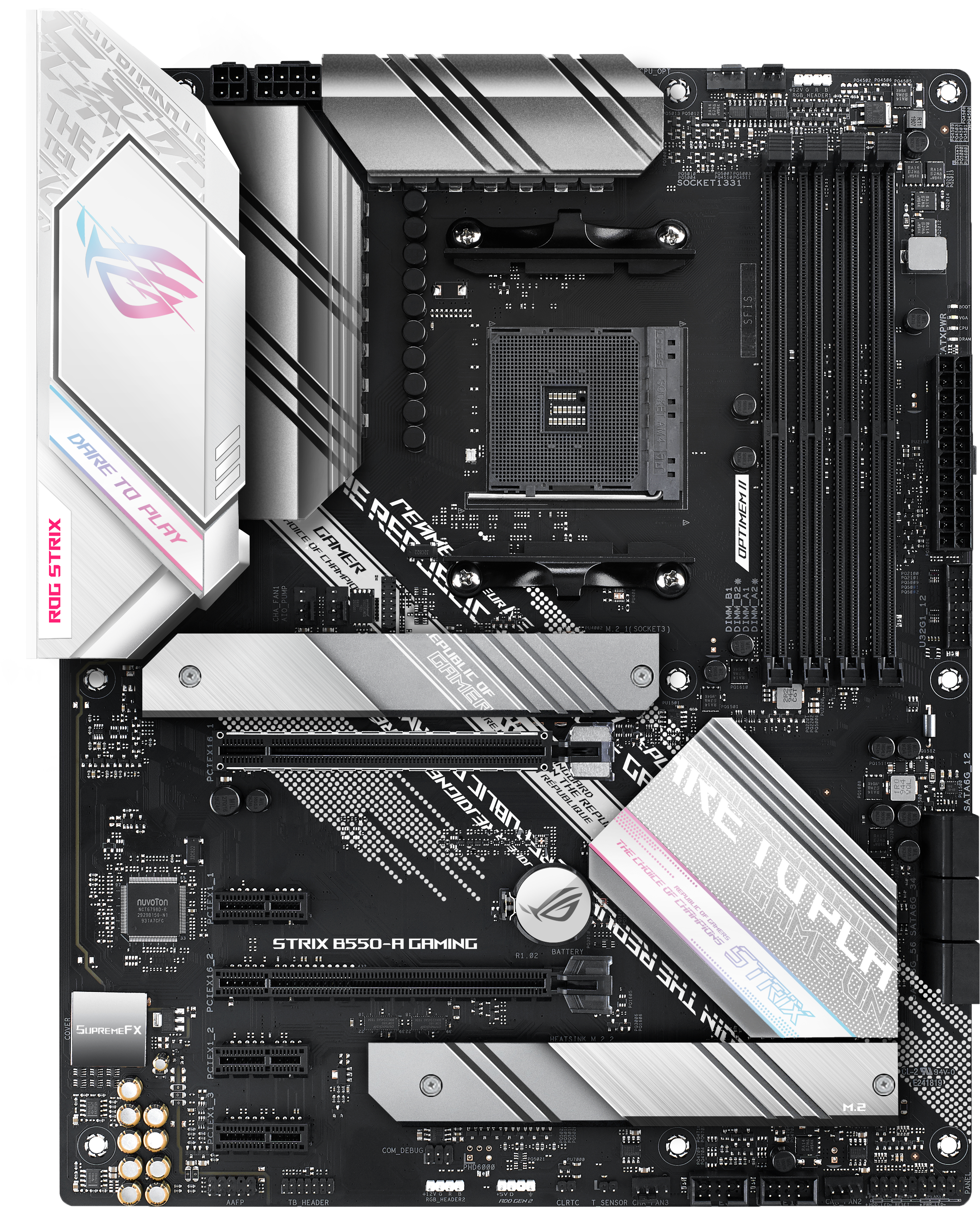 Ein Computer-Motherboard mit verschiedenen Komponenten, einschließlich eines ROG Strix-Etiketts und einer schwarzen Leiterplatte.