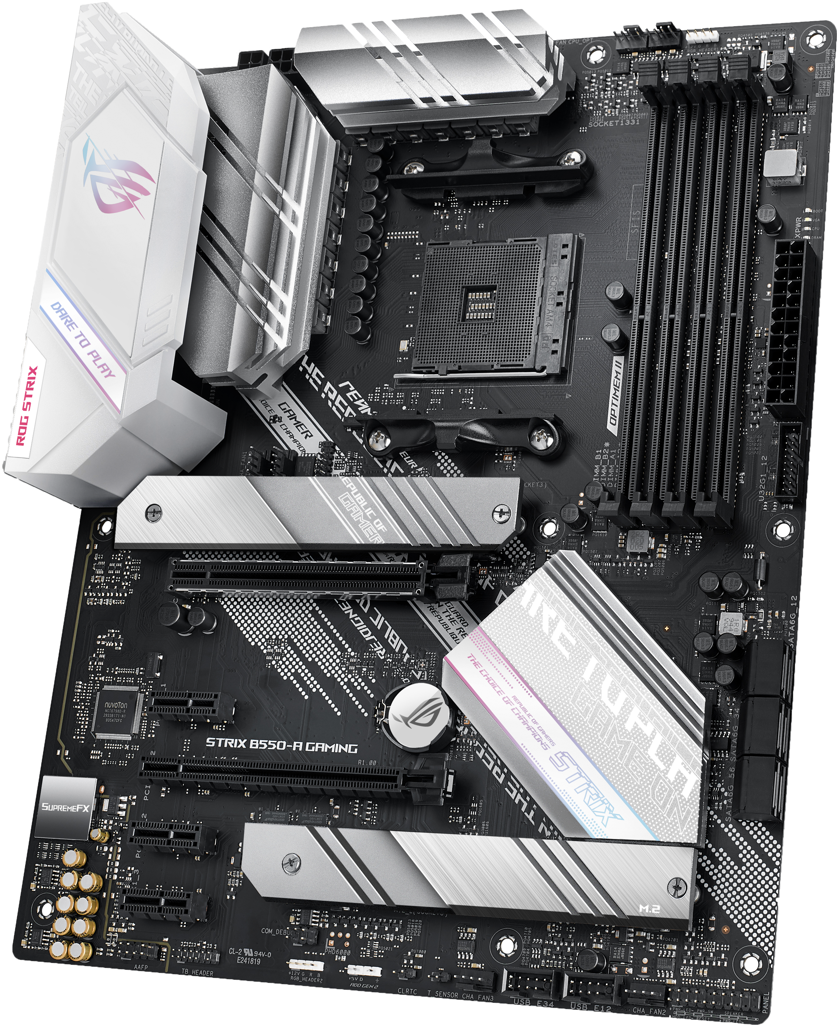 Ein schwarz-weißes Motherboard mit silbernen Akzenten und dem ROG STRIX Logo oben drauf.