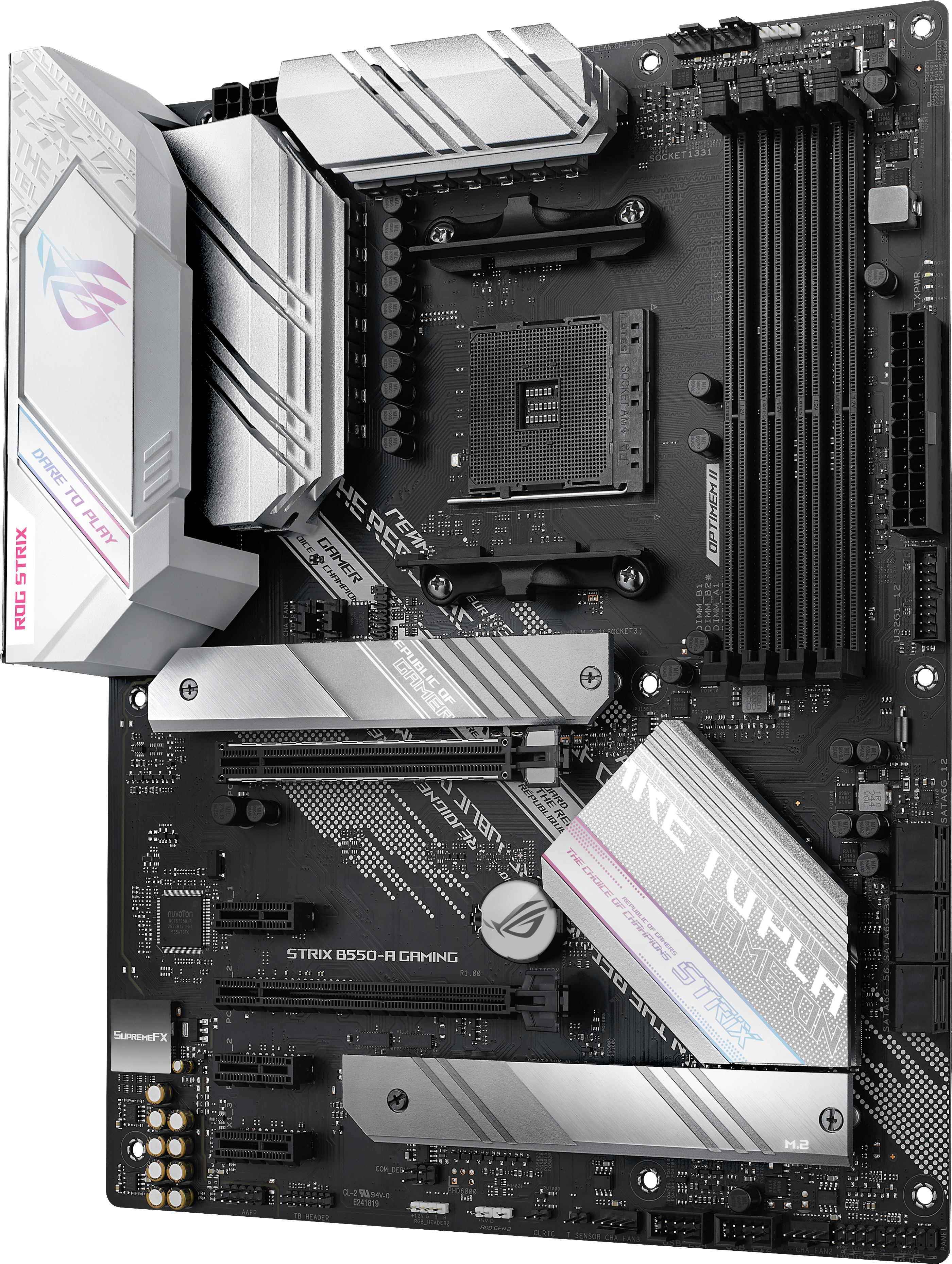 Ein Motherboard mit metallischen Akzenten und dem ROG STRIX Logo.