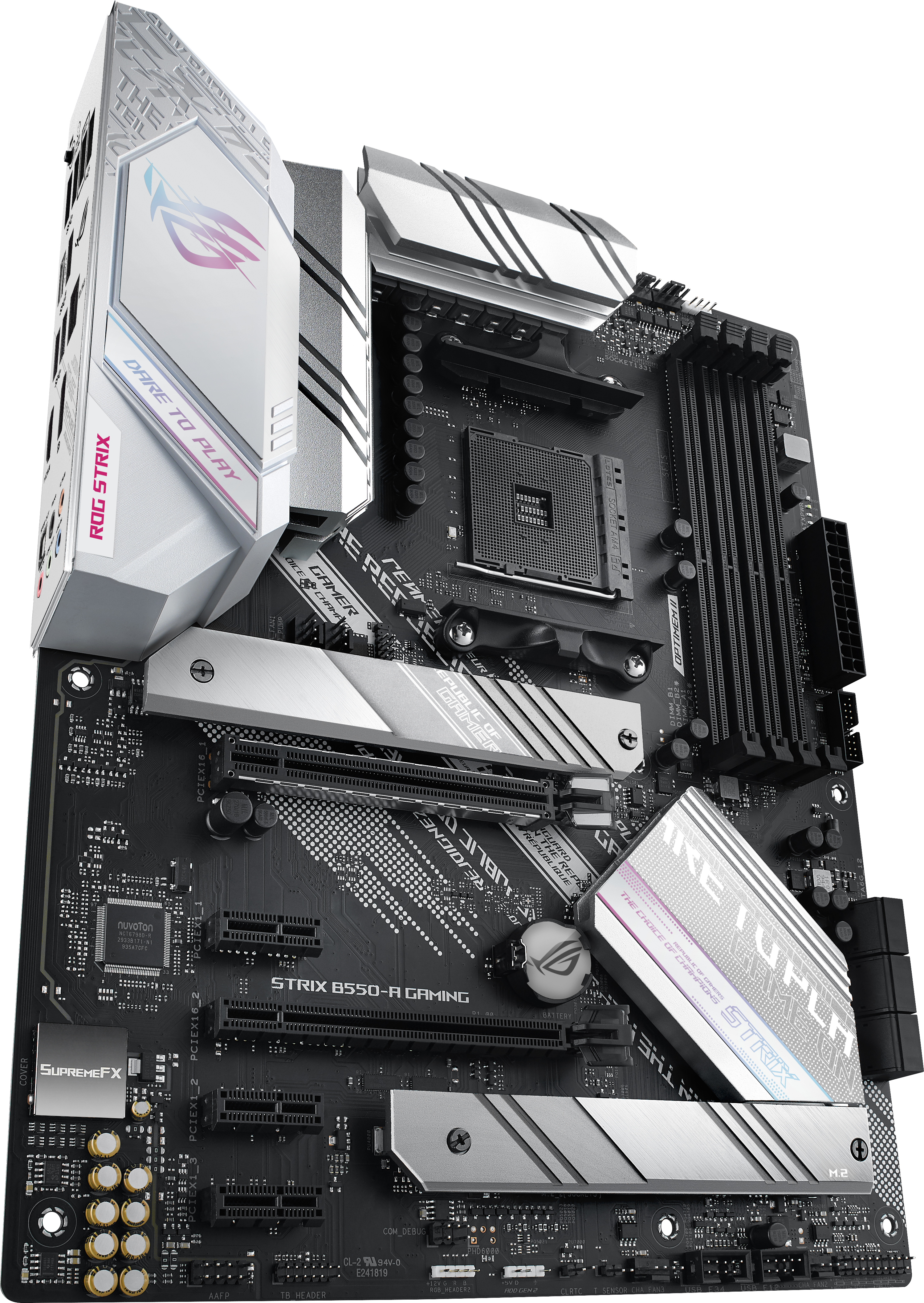 Ein schwarz-weißes Motherboard. Es ist ein ROG Strix B550-A Gaming-Modell.