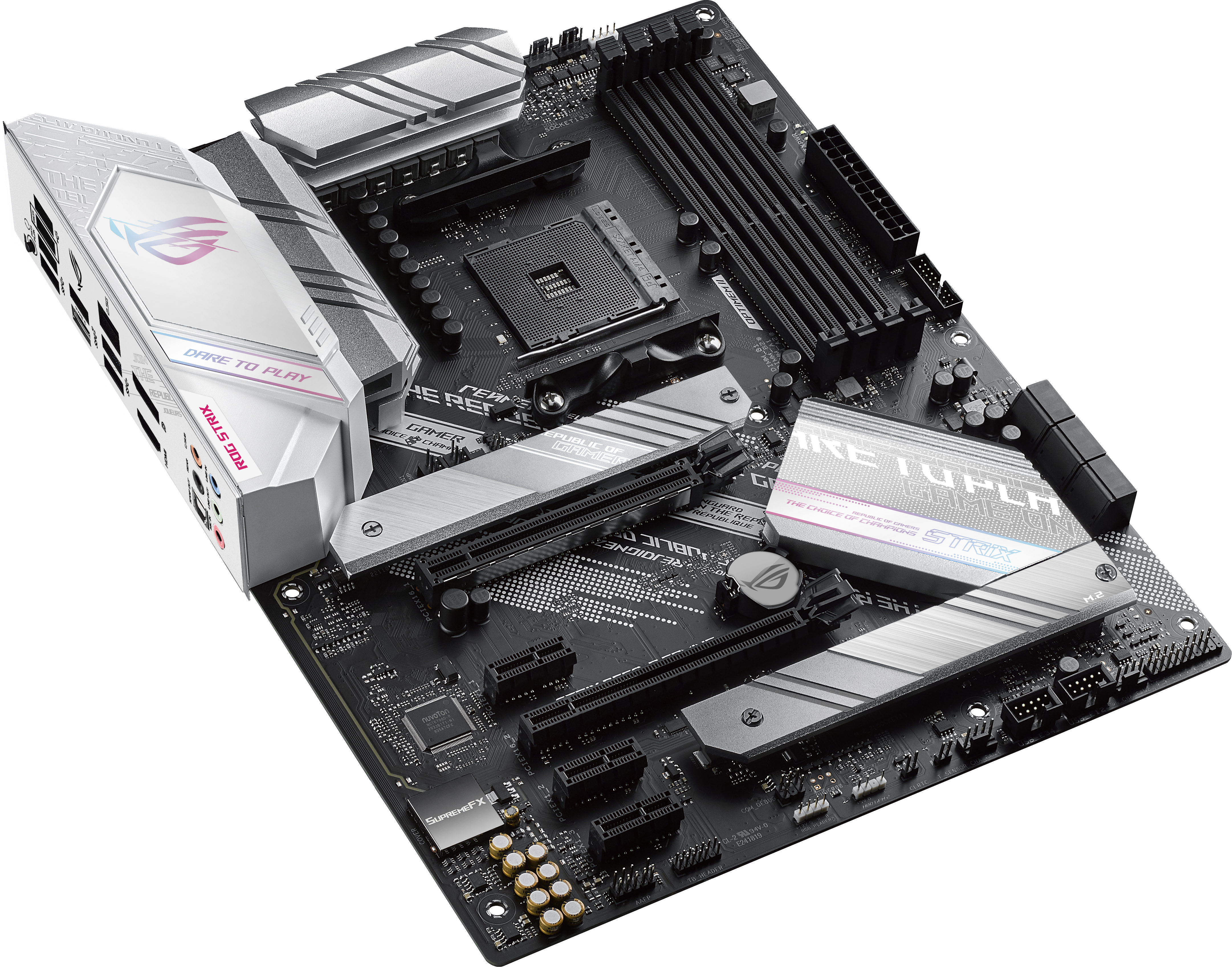 Computer-Motherboard auf weißem Hintergrund mit verschiedenen Komponenten.