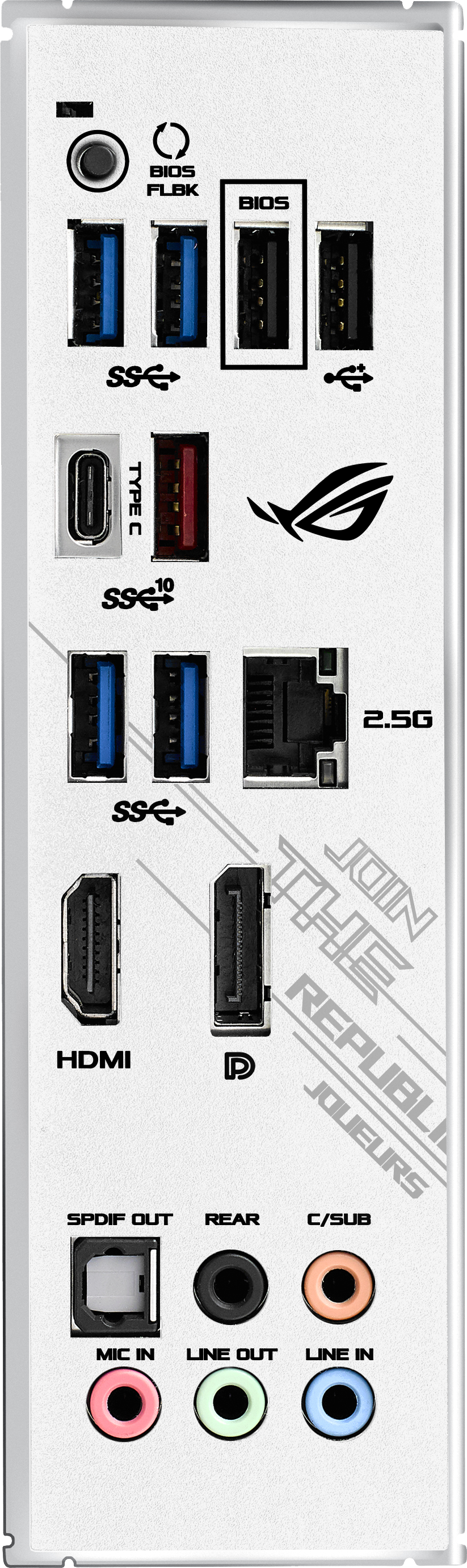 Rückseite eines Computers mit Anschlüssen, Steckern und dem ROG-Logo.