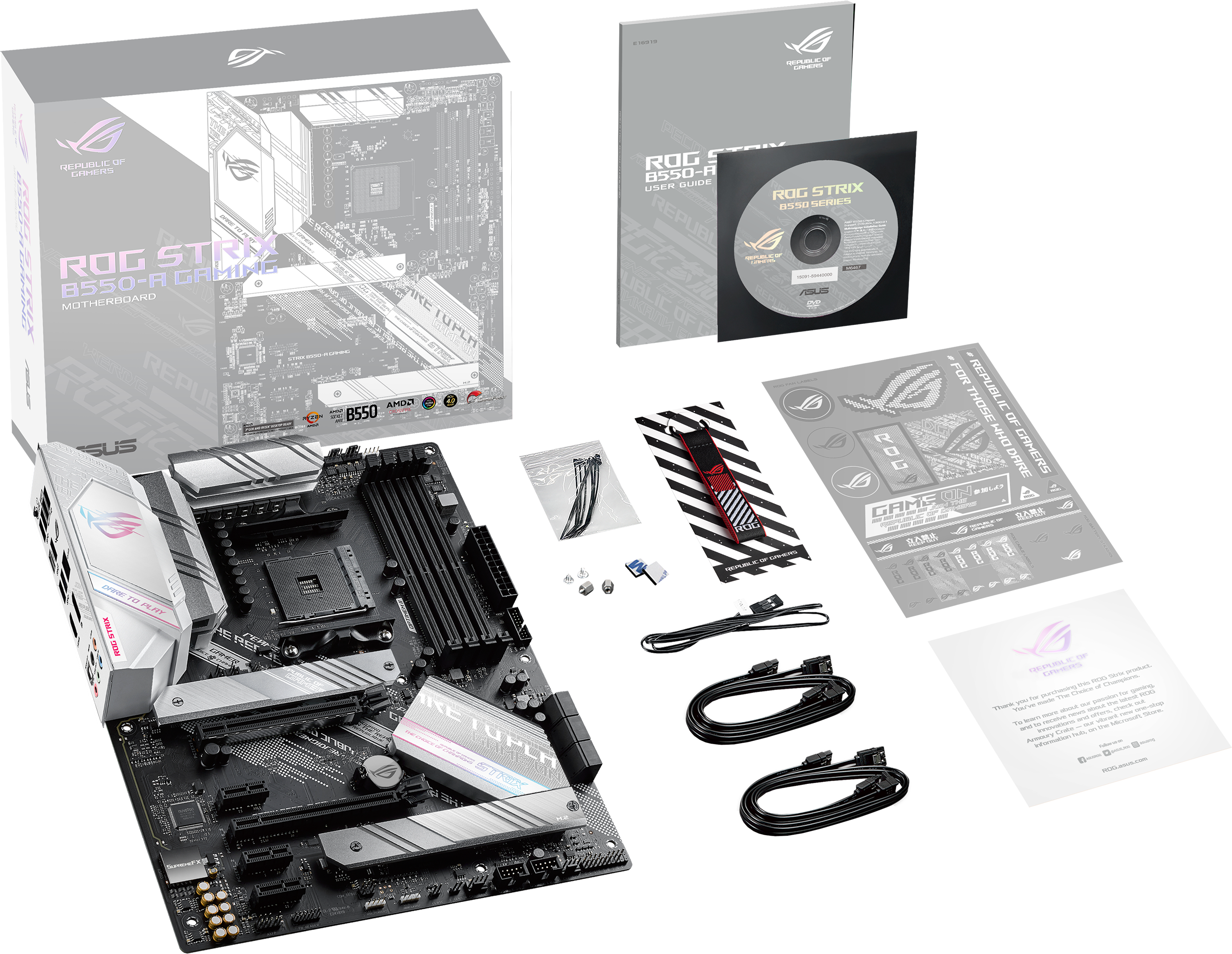 Ein Motherboard mit Zubehör, einschließlich einer Box, Kabeln und Aufklebern.