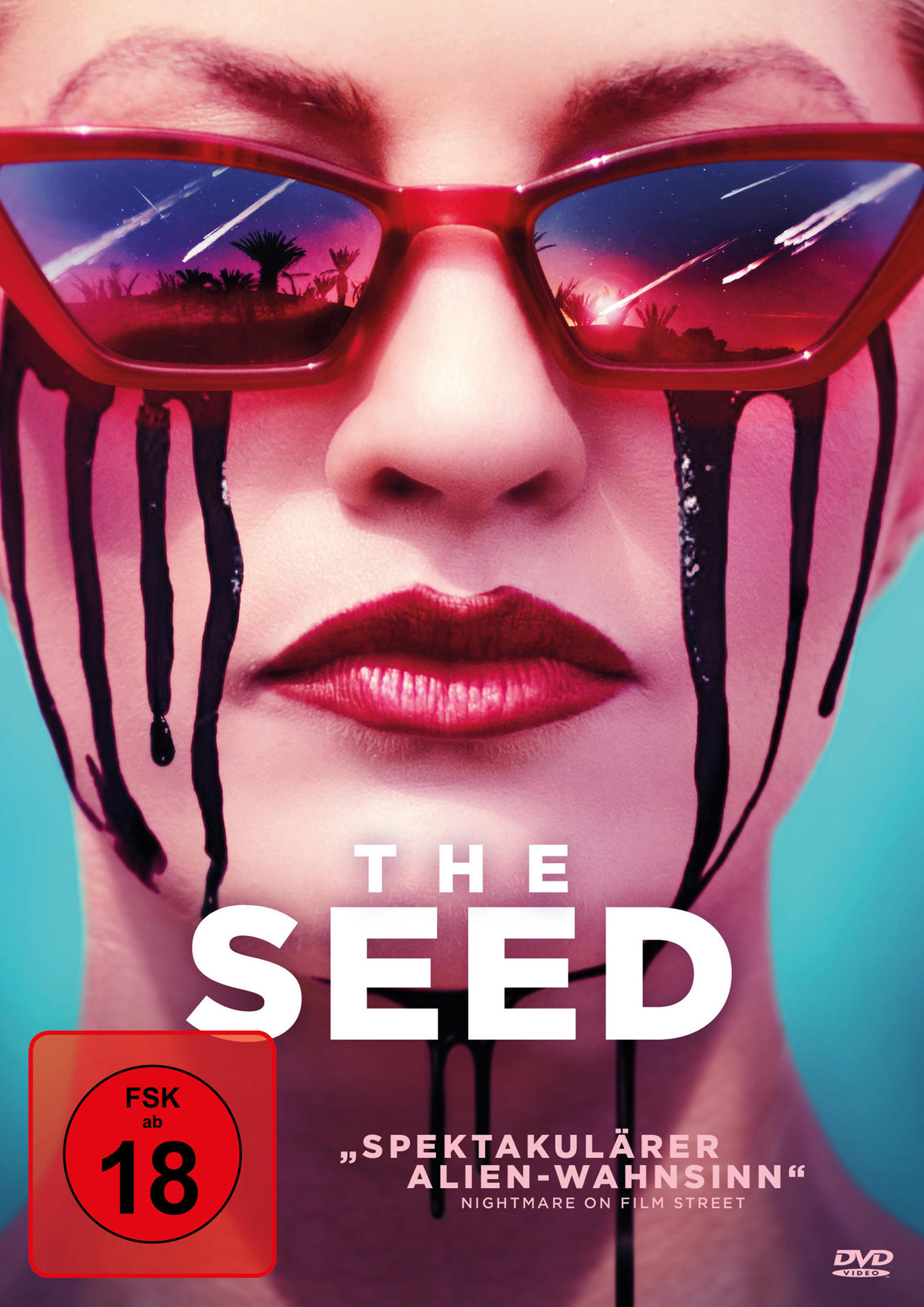 Filmcover: eine Frau mit roter Sonnenbrille, schwarze Flüssigkeit läuft ihr Gesicht herunter.