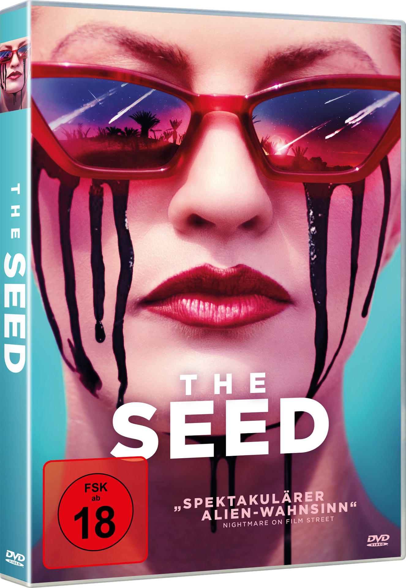 DVD-Hülle von 'The Seed'. Eine Frau mit Sonnenbrille und schwarzen Streifen. Rot und der Titel in Weiß.