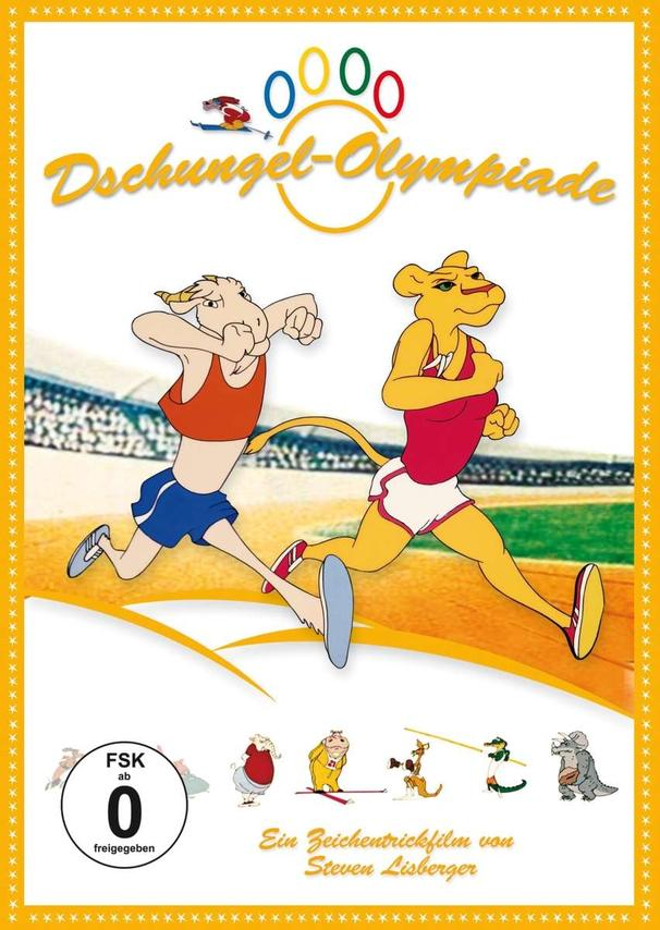 Zeichentrickfilm-Cover: zwei Cartoon-Tiere laufen in einem Stadion, und der Titel Dschungel-Olympiade.