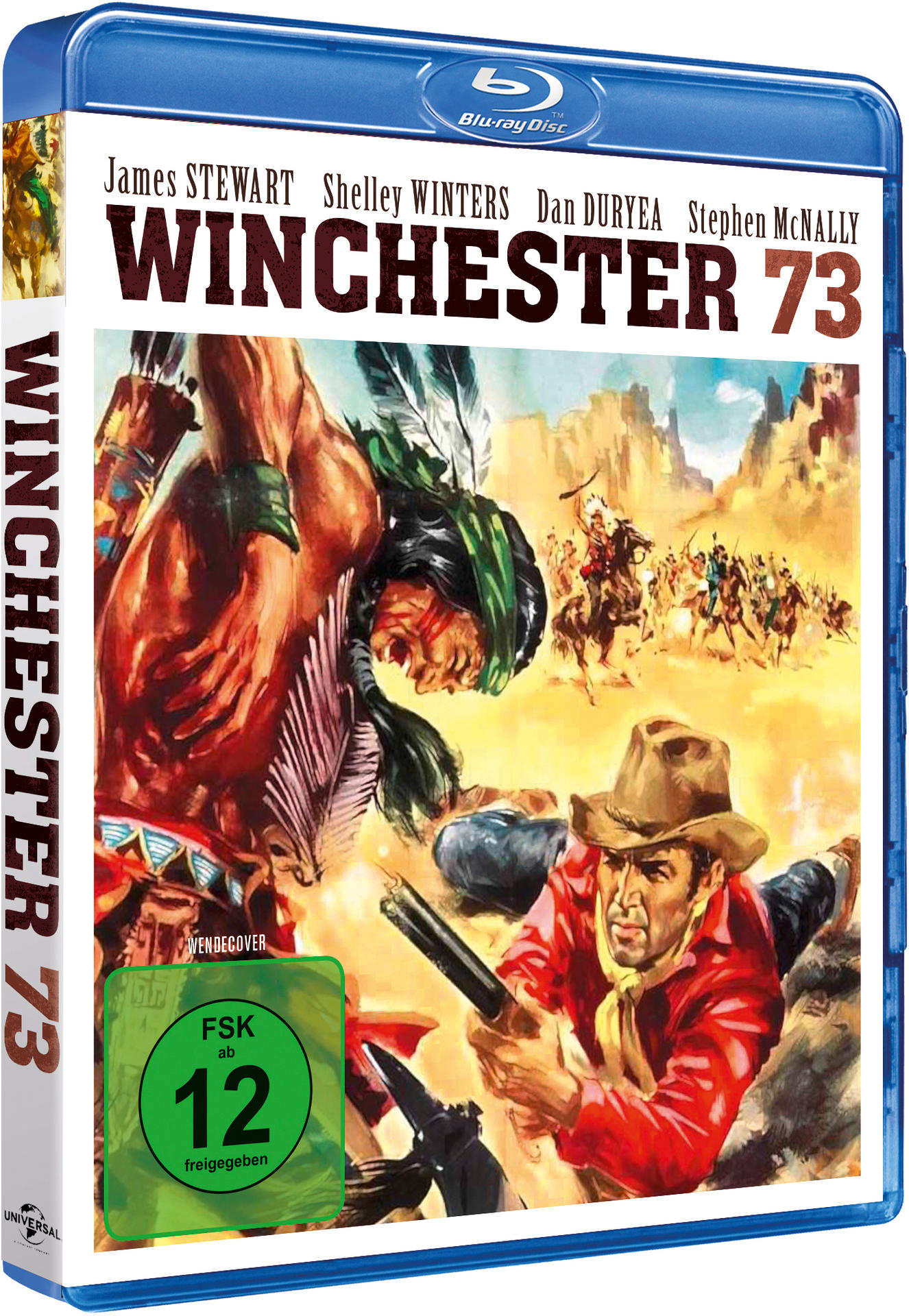 Winchester 73 Blu-ray-Cover. Zeigt ein Bild einer Western-Filmszene.