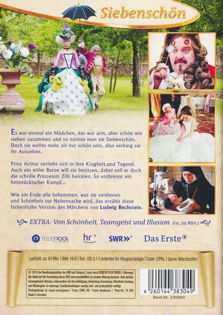 DVD-Rückseite mit Text und Bildern. Ein Mann in Kostüm, ein Paar und eine Nonne werden gezeigt.