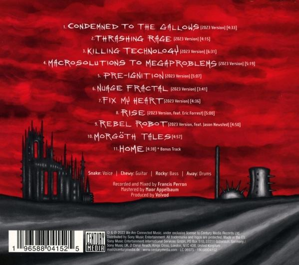 Albumcover mit Songtiteln und einer Grafik einer Stadt im gotischen Stil auf rotem Grund.