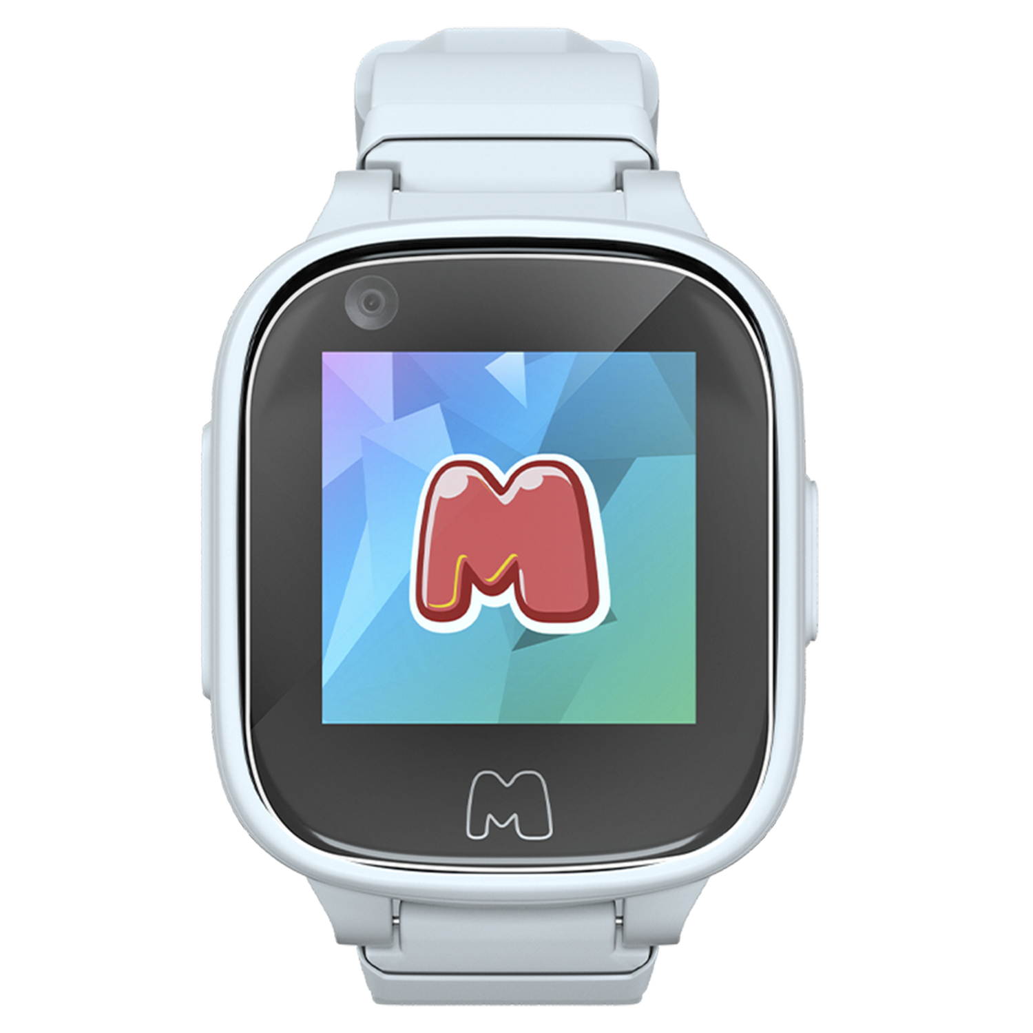 A white smartwatch with a screen displaying a colorful 'M' logo, on a black background.