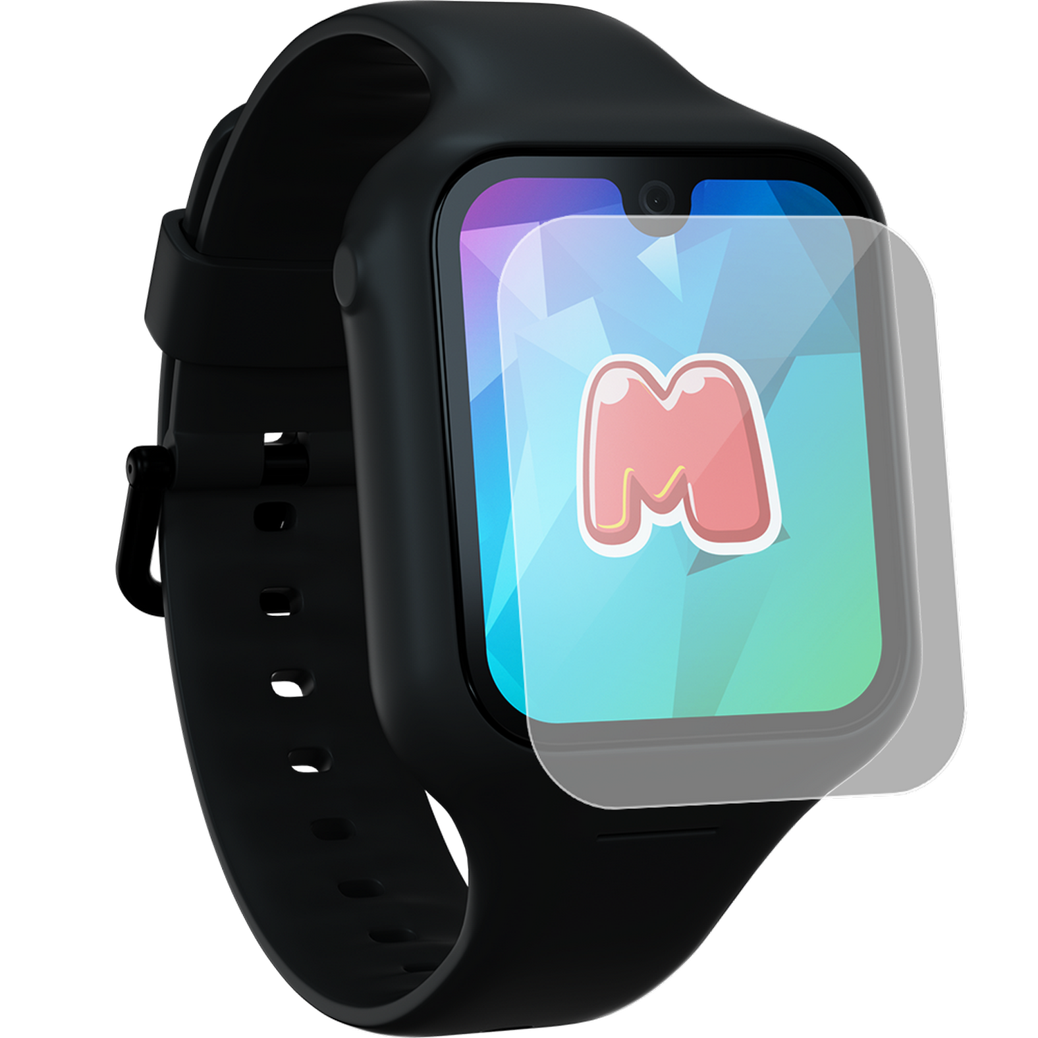 Black smartwatch with a touch screen showing a cartoon logo.